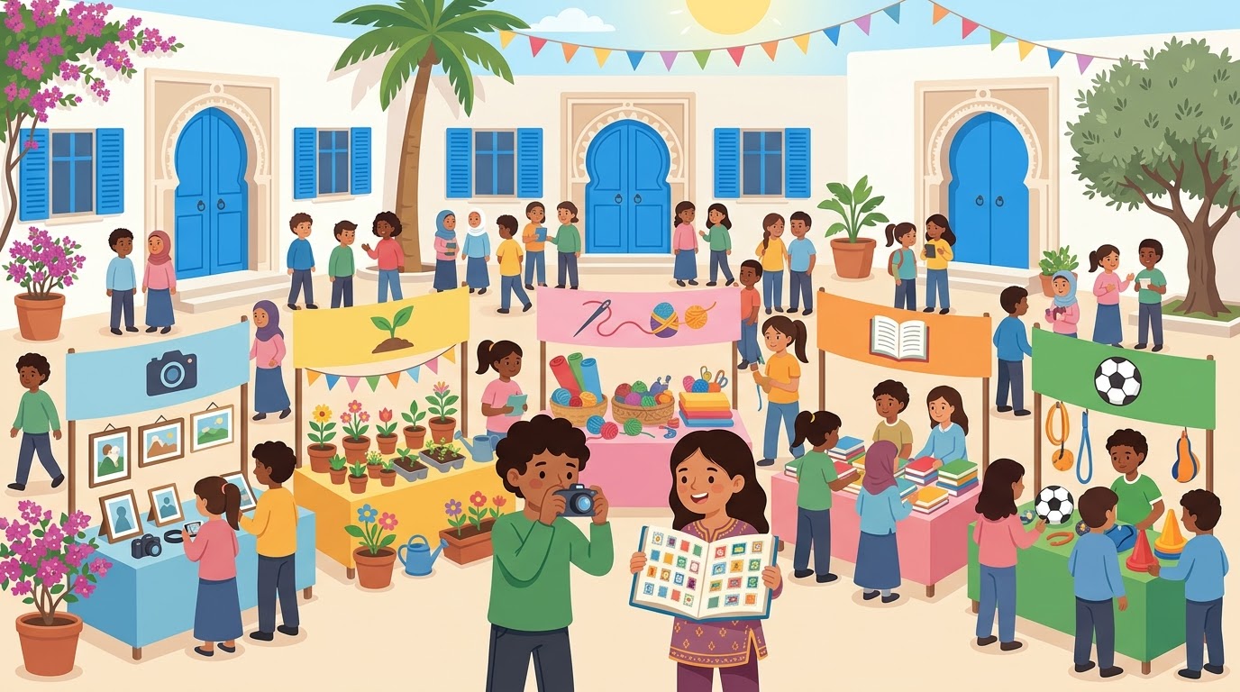 La fête des clubs dans la cour de l'école : photo, jardinage, couture, livres et football